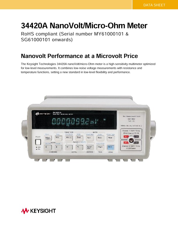 34420A Nanovolt/MicroOhm Meter PDF Asset Page Keysight